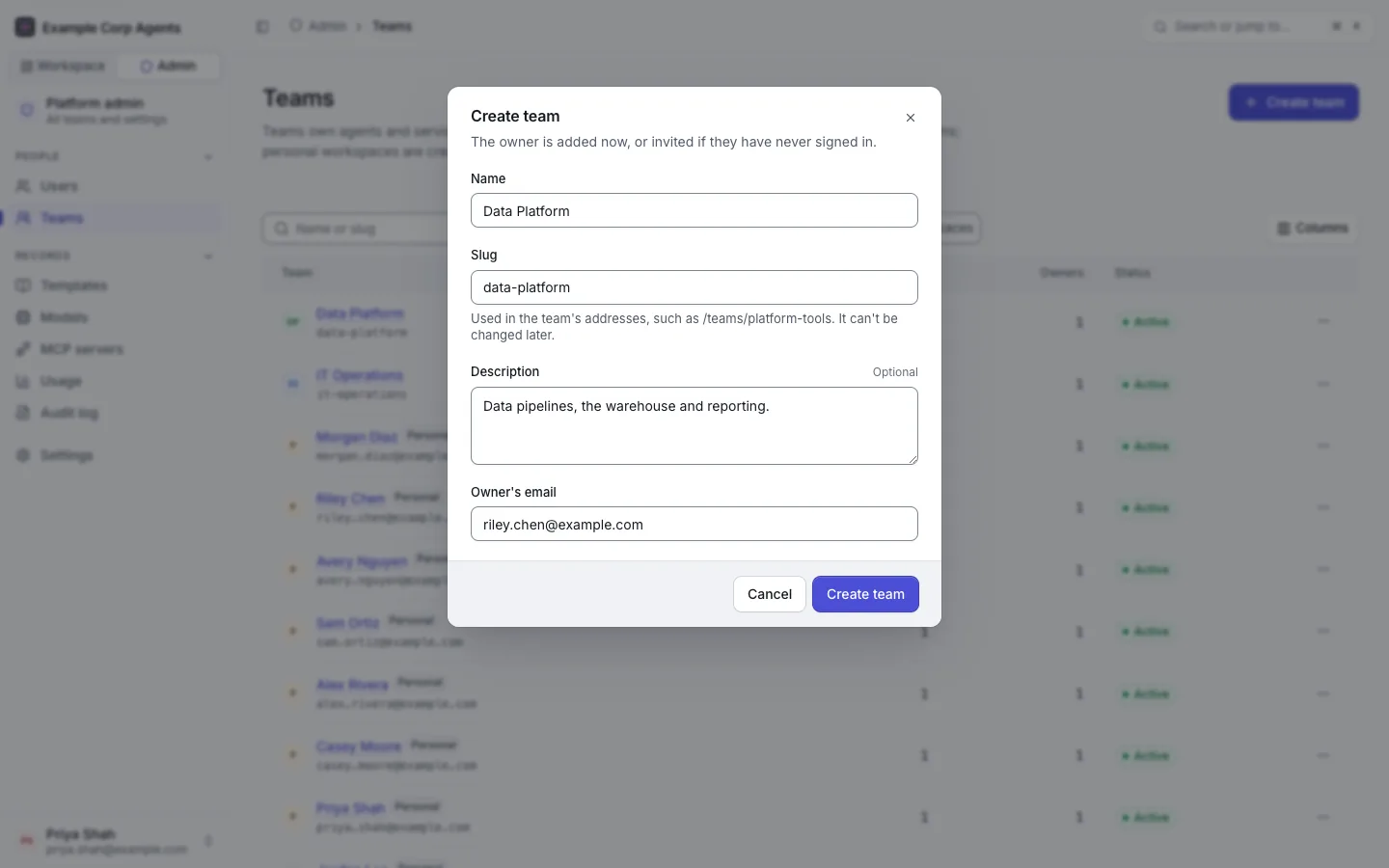 The "Create team" dialog: name Data Platform, slug data-platform, a description, and the first owner's email.