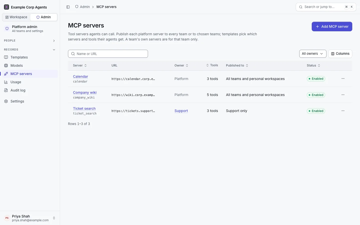 Admin › MCP servers: platform servers and one team's own (Owner filter on All owners), with access mode, who may use it and tool count, and "Add MCP server".