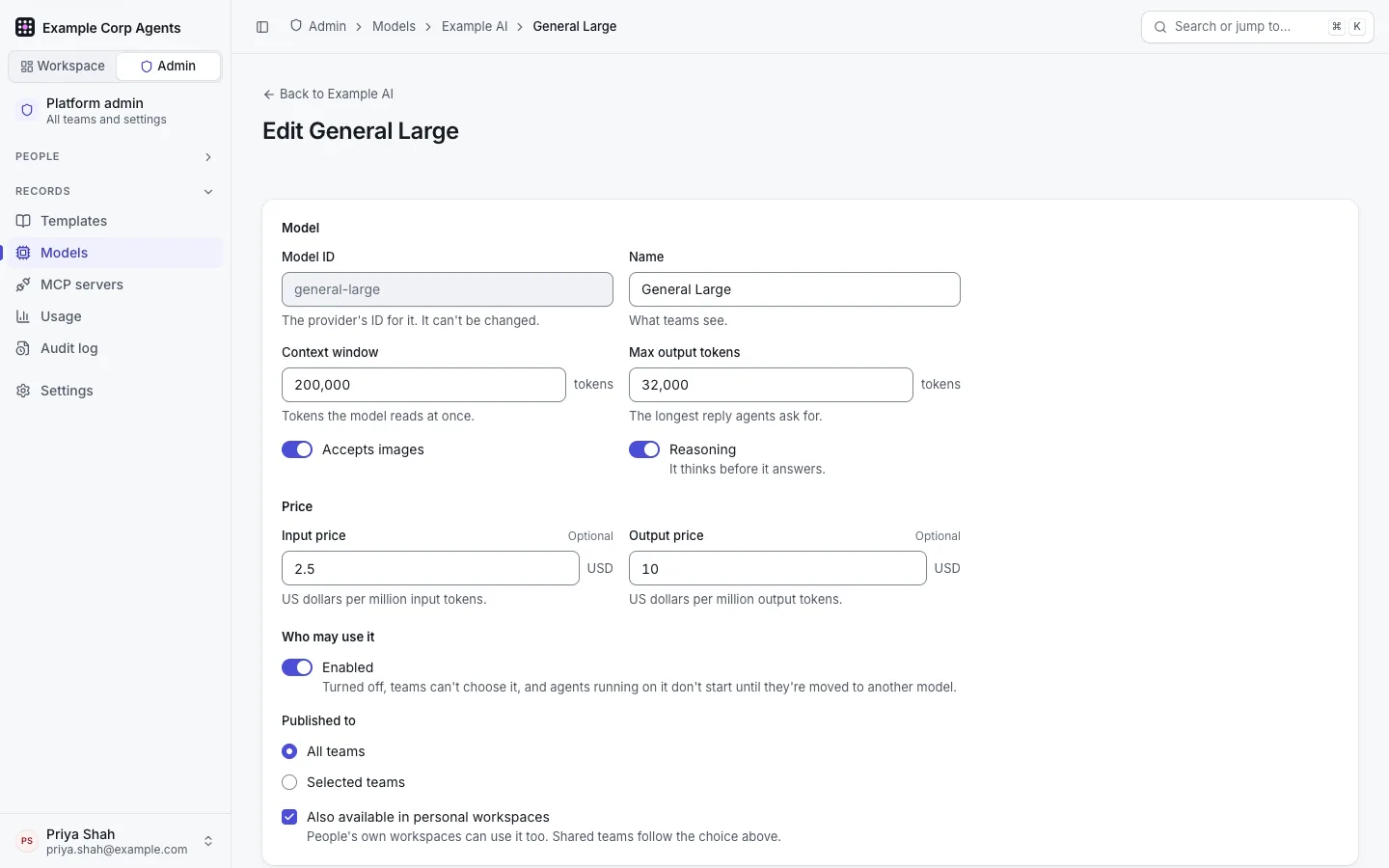 The "Edit model" form: name, context window, max output tokens, Accepts images, Reasoning, input and output price per million tokens, and "Who may use it" with All teams and Personal workspaces.