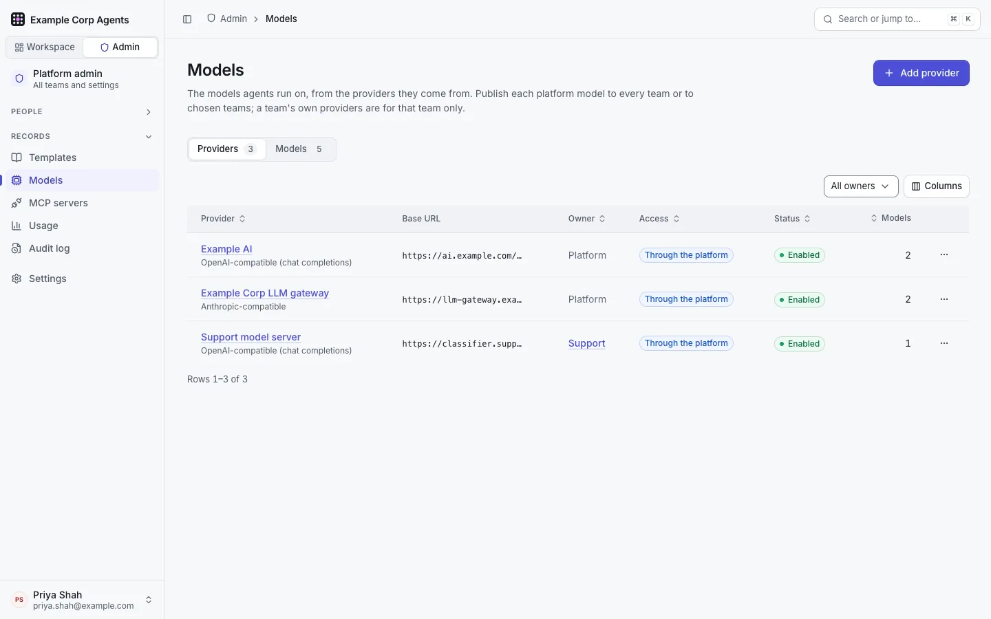 Admin › Models, Providers tab: Example AI (OpenAI-compatible), Example Corp LLM gateway (Anthropic-compatible) and the Support team's own model server, with base URL, owner, access through the platform, status and model count, the Owner filter and "Add provider".