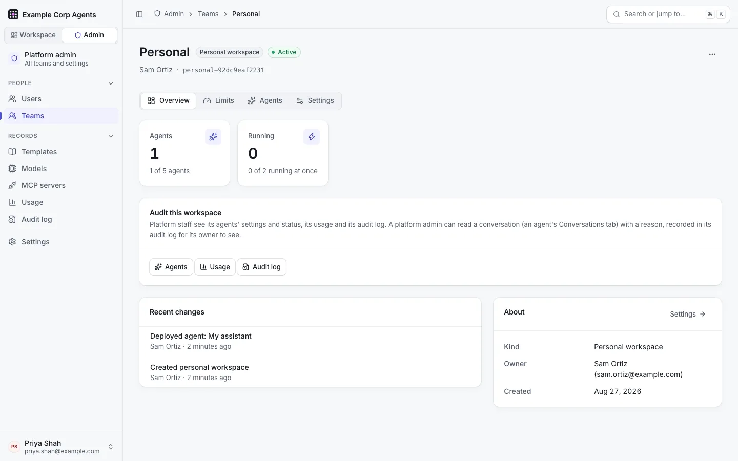 Admin › Teams › Sam Ortiz's personal workspace: the Overview, Limits, Agents and Settings tabs, 1 of 5 agents and 0 of 2 running, the "Audit this workspace" card, recent changes and its owner.