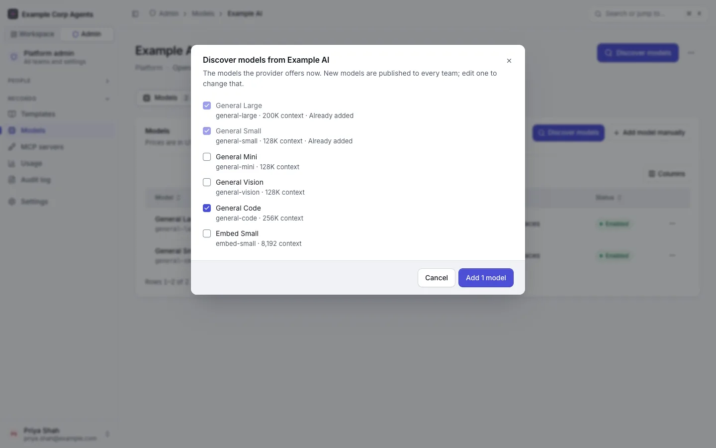A provider's Models tab with the "Discover models" list: models the provider offers, some already added, checkboxes to add others.