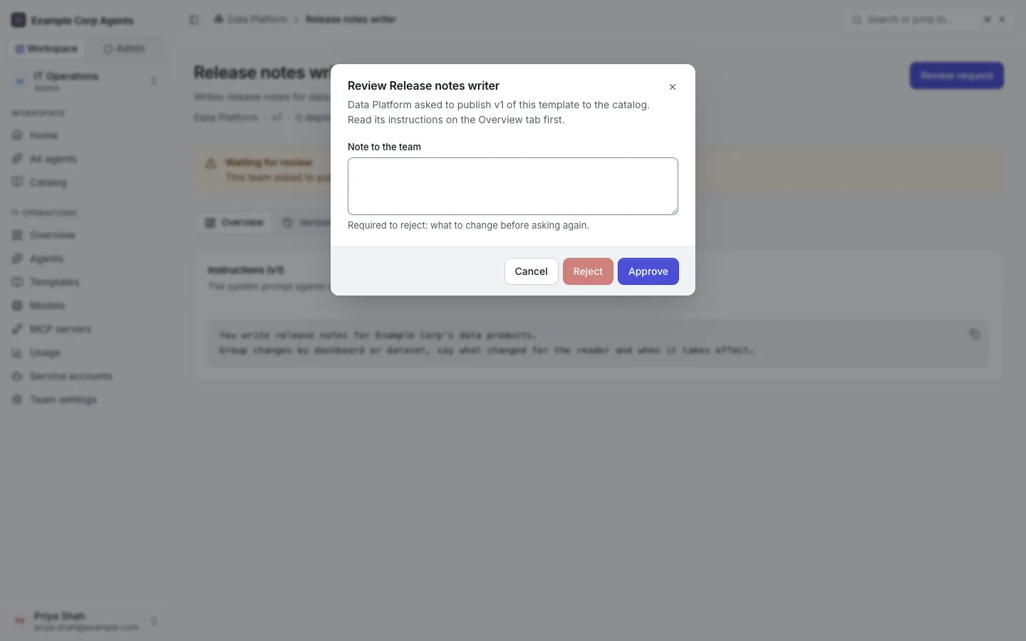 The review dialog for a team template: Approve and Reject, with the "Note to the team" field required to reject.