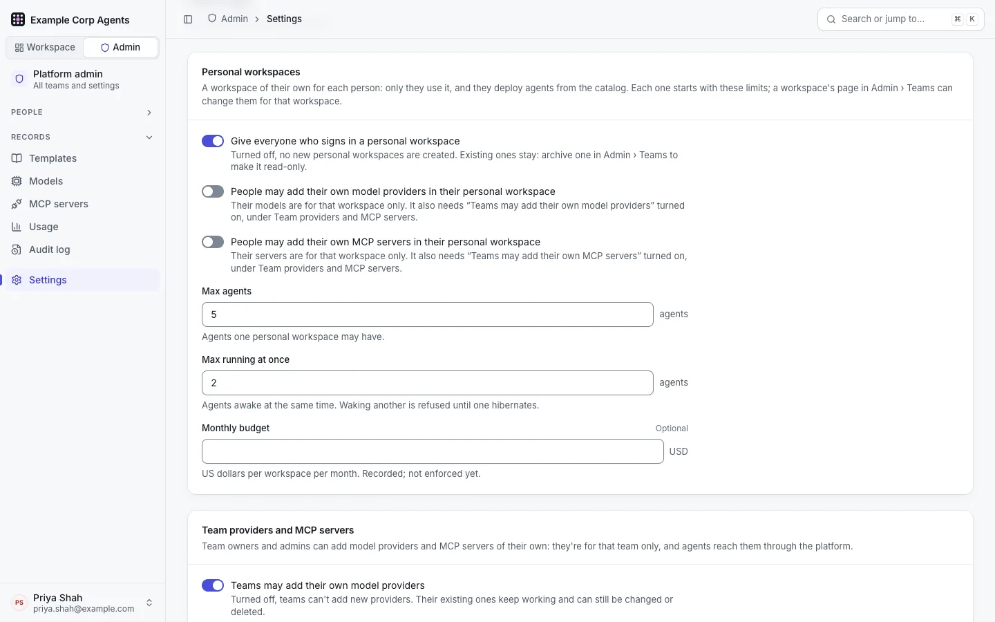 Admin › Settings: the Personal workspaces section (switches, Max agents 5, Max running at once 2, Monthly budget) and the start of Team providers and MCP servers.