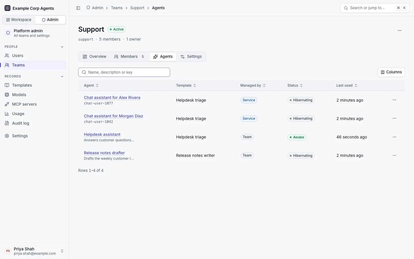 Admin › Teams › Support › Agents, as a platform admin: the team's two service-managed chat assistants and two team agents, with template, managed by, status and last used, each linking to its read-only page.