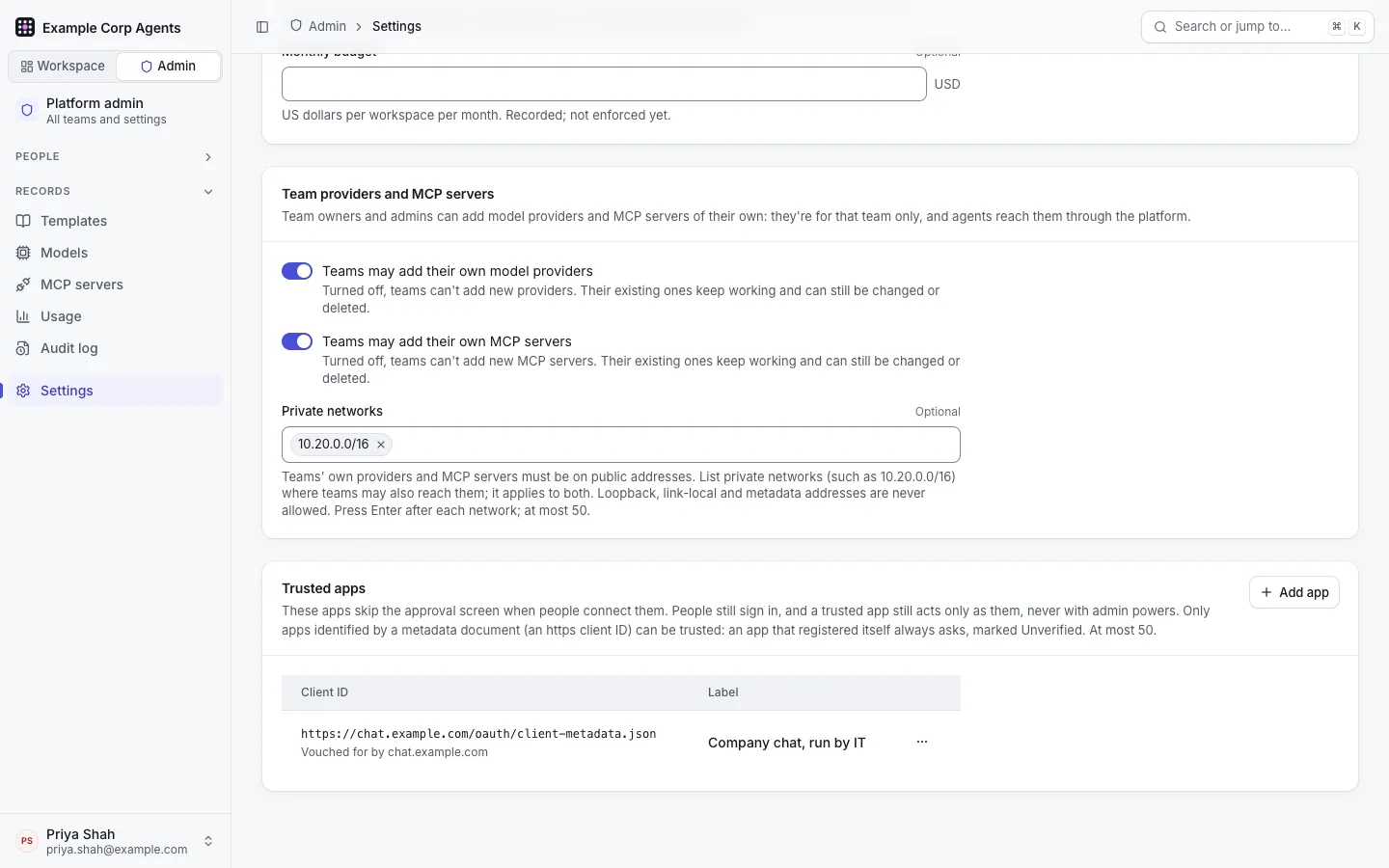 Admin › Settings: Team providers and MCP servers with the private network 10.20.0.0/16, and Trusted apps with one app, its client ID https://chat.example.com/oauth/client-metadata.json and the label "Company chat, run by IT".