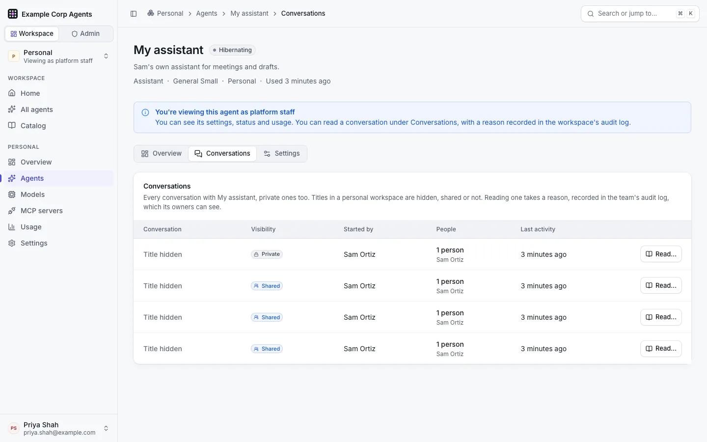 An agent's Conversations tab as a platform admin, for an agent in Sam's personal workspace: every thread with its visibility (one private, three shared), who started it, the people in it and its last activity; each title reads "Title hidden", with a "Read…" button.