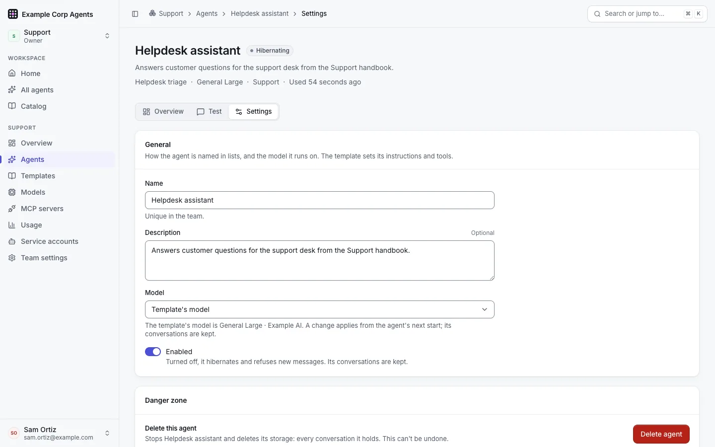 The Settings tab of an agent: name, description, the Model picker on "Template's model", the Enabled switch, and the Danger zone with "Delete agent".