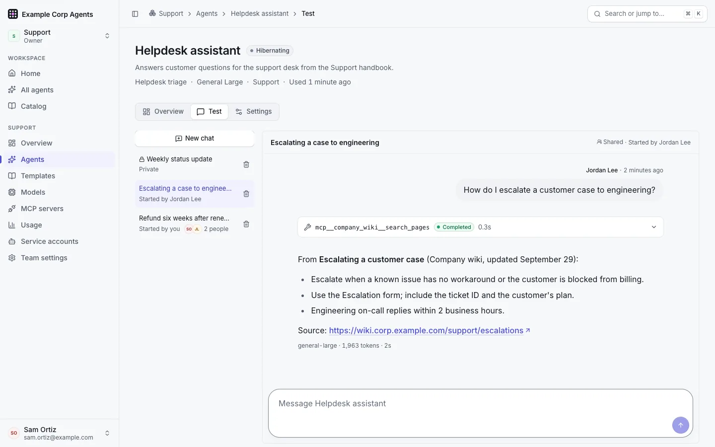 The Test tab of Helpdesk assistant: the list of chats on the left with "New chat", and an open shared conversation started by Jordan Lee: his question, a Company wiki tool call, the reply, and the line with model, tokens and time under it.