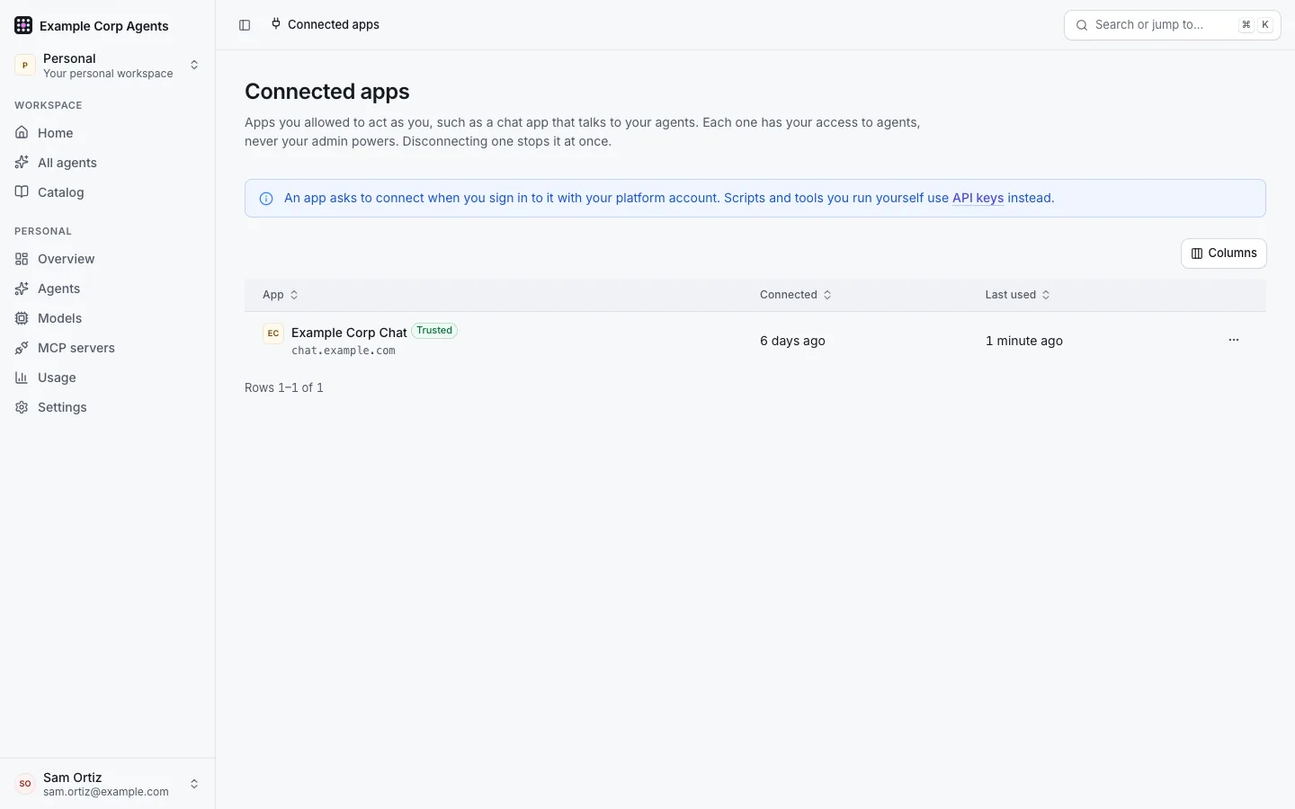 Account › Connected apps: Example Corp Chat from chat.example.com, marked Trusted, with when it was connected and last used, and its row's ⋯ menu.