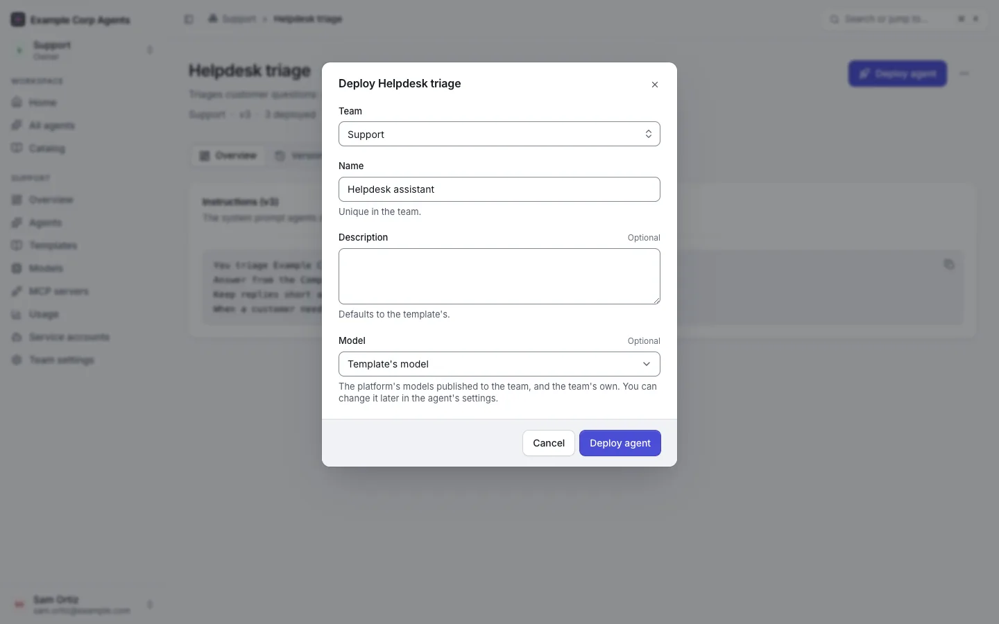 The "Deploy Helpdesk triage" dialog: Team set to Support, Name "Helpdesk assistant", an optional description, Model on "Template's model", and the "Deploy agent" button.