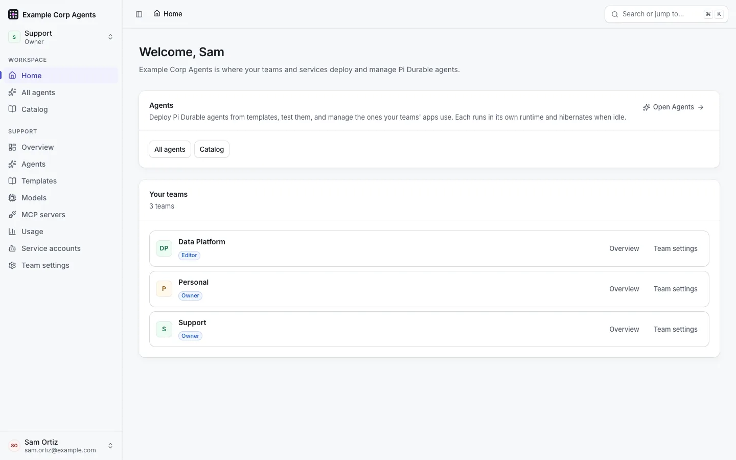 Home for Sam Ortiz: the Agents card with "All agents" and "Catalog" links, and "Your teams" listing Data Platform (editor), his Personal workspace and Support (owner), with the sidebar's Home, All agents and Catalog, the team switcher on Support and Sam's name at the bottom.