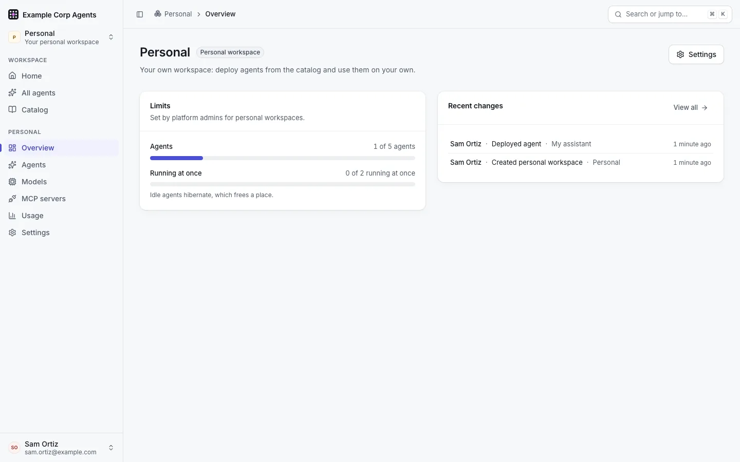 Sam Ortiz's personal workspace Overview: "Your own workspace: deploy agents from the catalog and use them on your own.", with the Limits card showing 1 of 5 agents and 0 of 2 running.