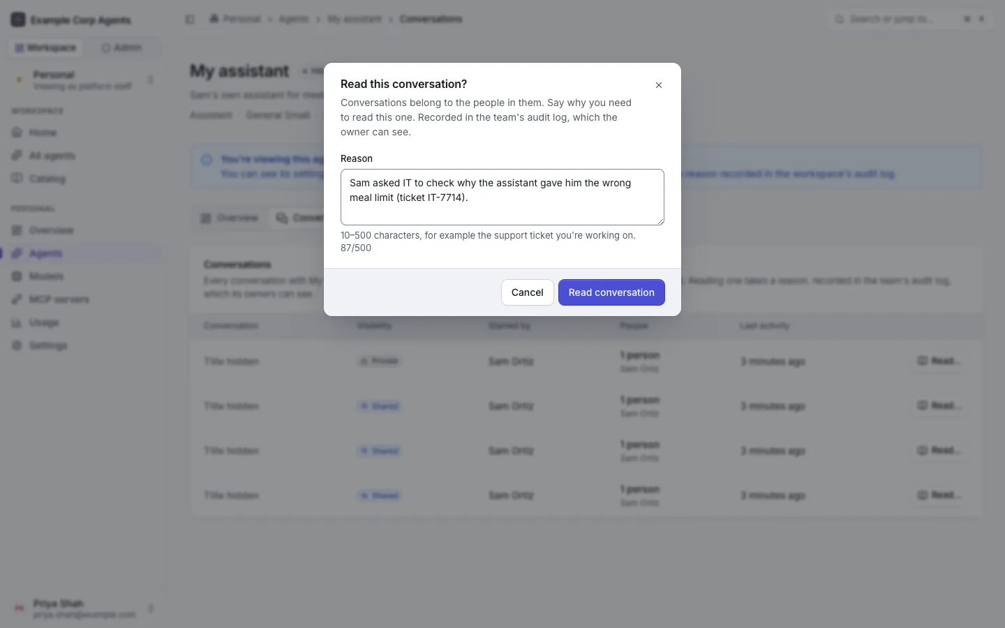 The "Read this conversation?" dialog: a reason typed in the required field (10 to 500 characters), the note that the read is recorded in the team's audit log, which the owner can see, and "Read conversation".