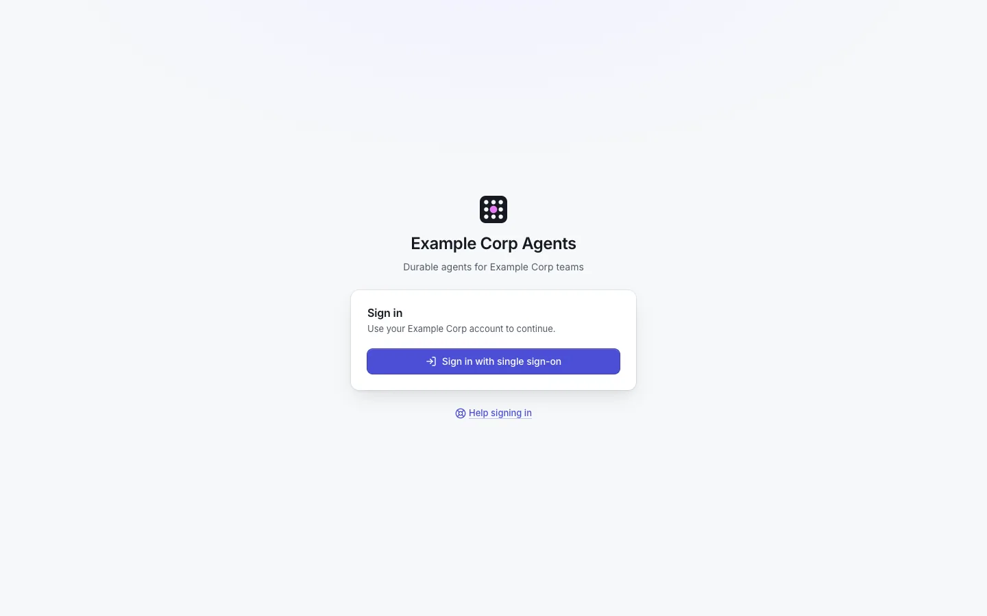 The sign-in page of the Example Corp Agents instance: Pi Durable Platform's mark above the instance name, a card with the button "Sign in with single sign-on", and the "Help signing in" link.