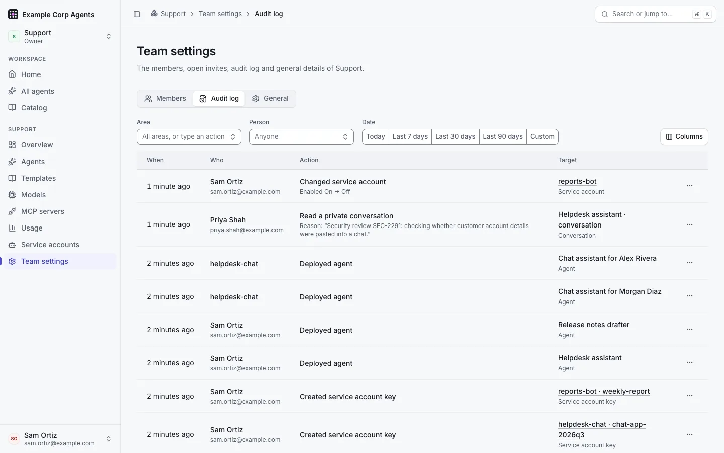 Team settings › Audit log for Support: entries such as "Changed service account", "Read a private conversation" with its reason, "Deployed agent" and "Created service account key", with the Area, Person and Date filters.