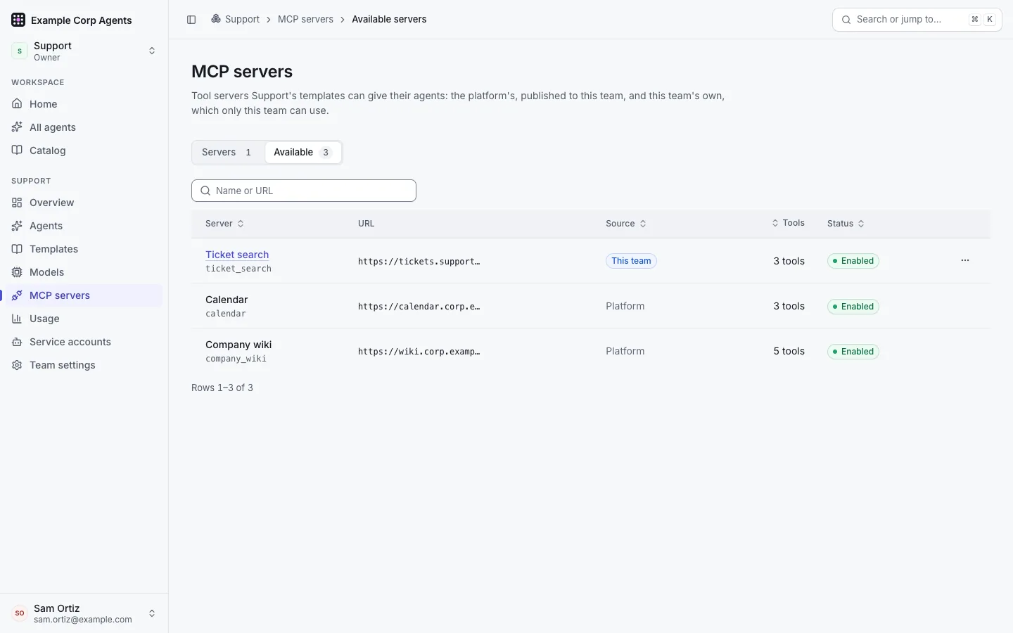 The Support team's MCP servers page, Available tab: the team's own Ticket search server listed first, then platform servers published to the team.