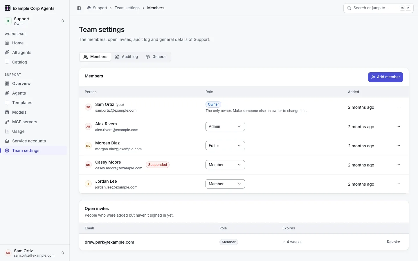 Team settings › Members for Support: members with their roles, the "Add member" button, and one open invite.