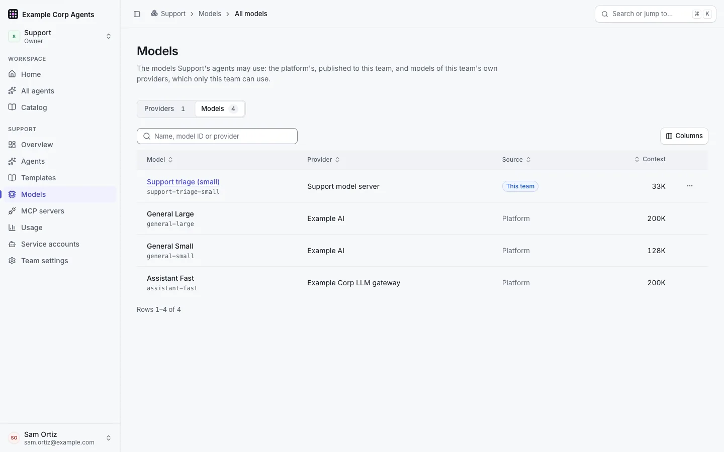 The Support team's Models page, Models tab: platform models published to the team and one of the team's own, marked as the team's.