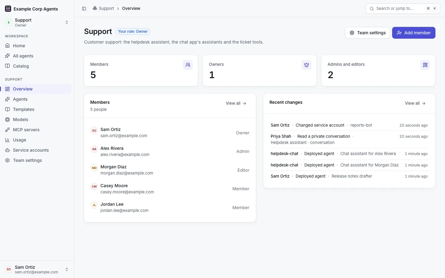 The Support team's Overview: Sam's role (Owner), counts of members, owners and admins and editors, the members list, and Recent changes from the audit log.