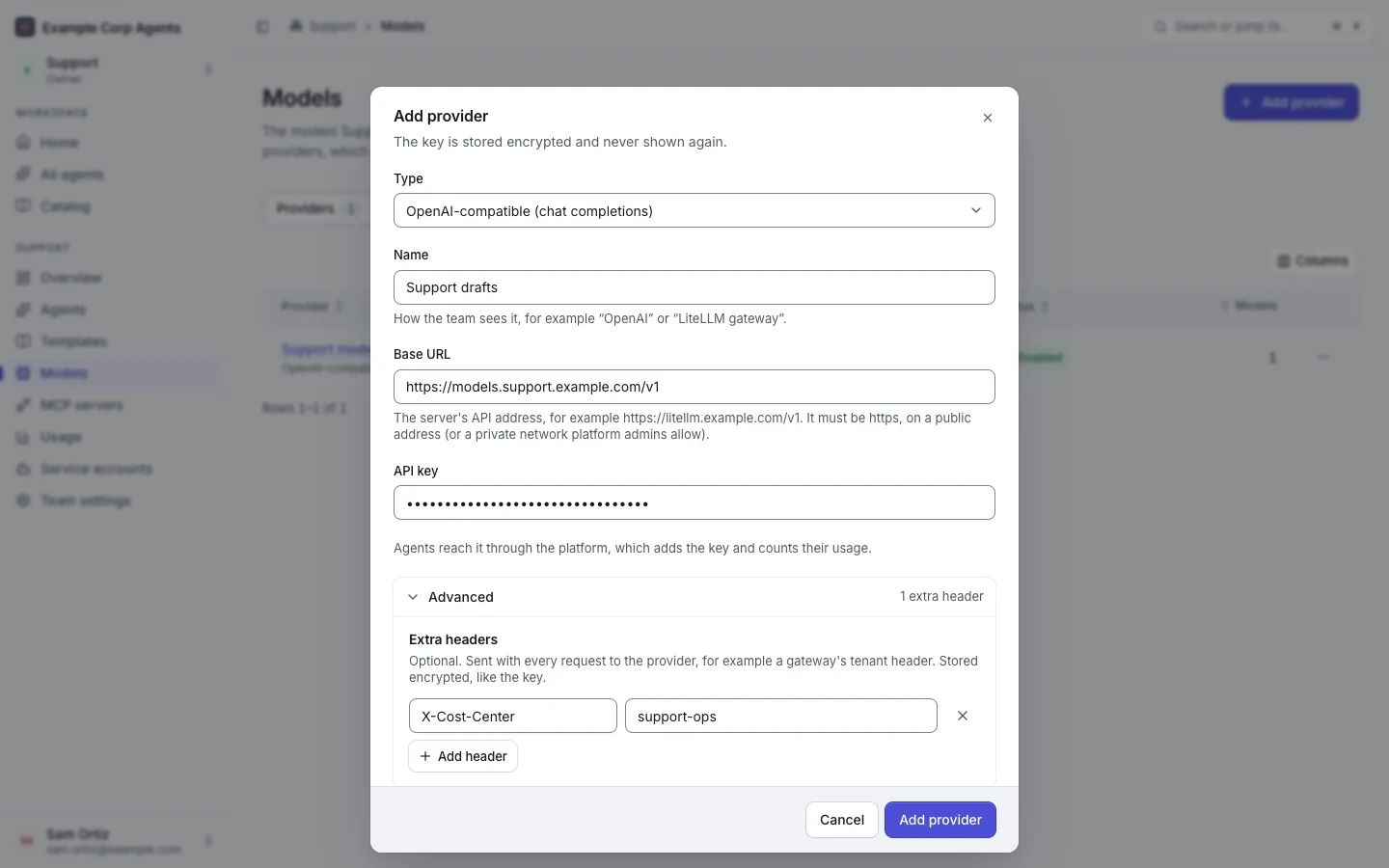 The "Add provider" dialog on a team's Models › Providers tab: type, name, an https base URL on the company network, the API key and extra headers.