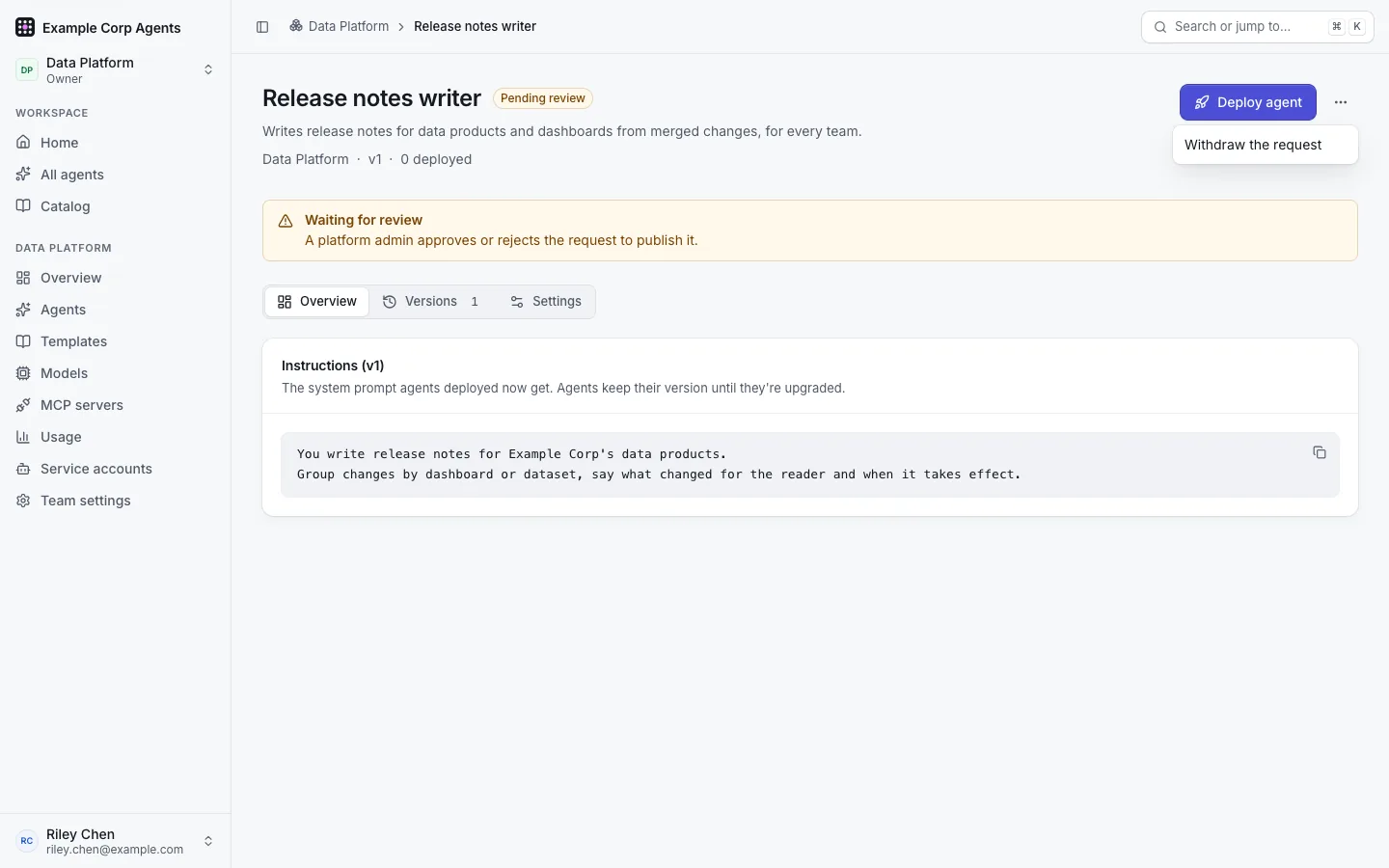 A team template waiting for review: the "Waiting for review" notice and the "Withdraw the request" action on its page.