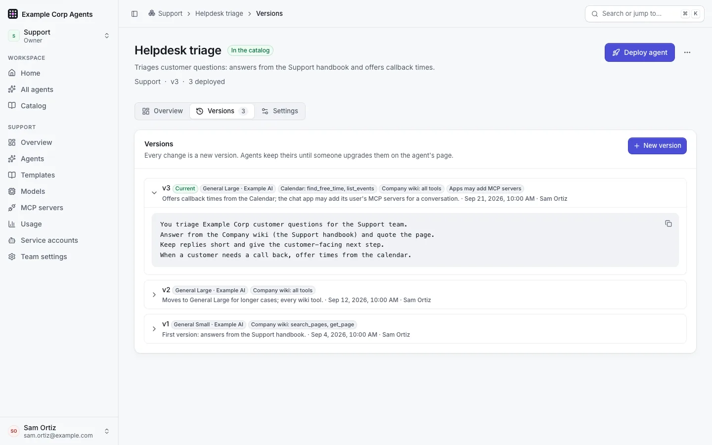 The Versions tab of Helpdesk triage: versions 3, 2 and 1 with their notes, model and date, and the "New version" button.